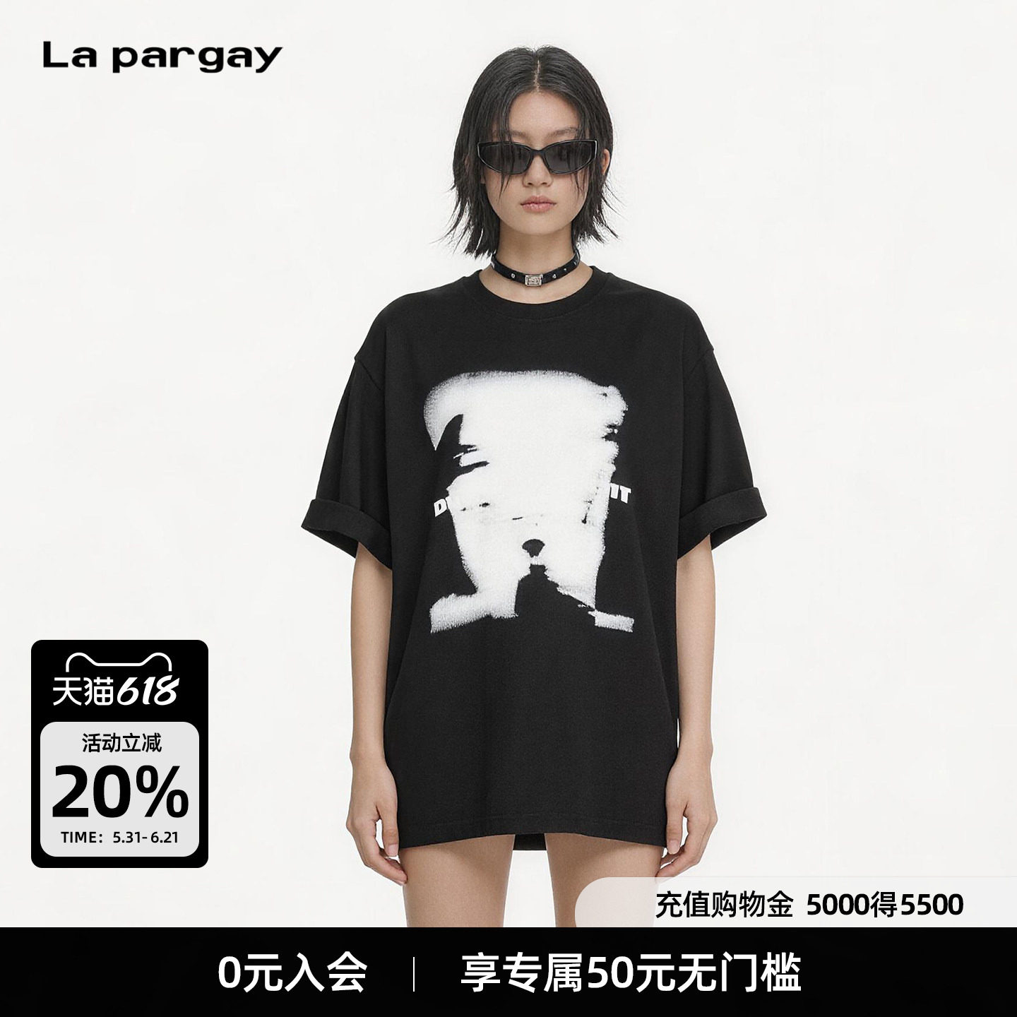 Lapargay 宽松落肩短袖T恤 黑白人像印花 随性又显松弛L69200205V