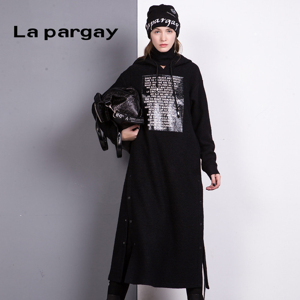 lapargay纳帕佳新款女装春秋季黑色中长款针织休闲连衣裙显瘦