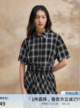播格子衬衫女夏季学院风宽松polo领短袖衬衣DDR2CD5708