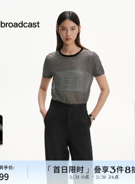 播黑白条纹航海圆领短袖针织衫女夏宽松亚麻罩衫DDS2SD5107
