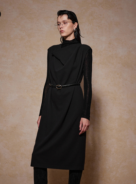 播商场同款黑标系列法式醋酸收腰24冬新黑色连衣裙女BDR4LD2707