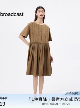 播优雅短袖连衣裙女夏季褶皱圆领气质可露丽裙子DDS2LD5909