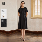 播褶皱设计感连衣裙女2024夏新款 小个子圆领a字短裙DDR2LD5615