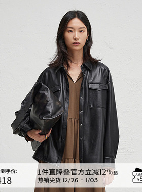 播黑色复古皮质衬衫女冬季宽松酷飒机车服外套DDR4CD5084