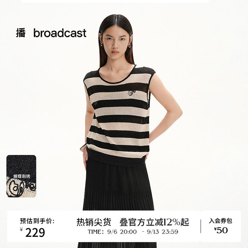 播夏季圆领无袖条纹针织T恤女轻薄宽松上衣BDS2SD2357图片