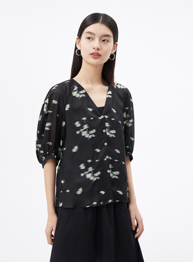 播商场同款2023秋季新款满版印花下摆卷边花式衬衫女BDQ2HD1668