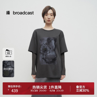 宽松上衣BDS1YD1567 T恤女25春秋新款 播商场同款 国风印花航海短袖