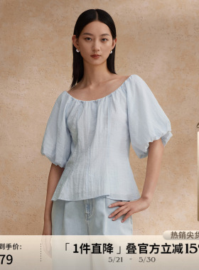 播泡泡袖衬衫女夏商场同款2024新款收腰别致小衫上衣BDR2HD1701