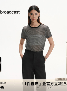 播黑白条纹航海圆领短袖针织衫女夏宽松亚麻罩衫DDS2SD5107