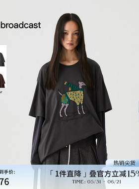 播假两件圆领刺绣T恤女冬季松弛慵懒宽松上衣DDS4YD5140