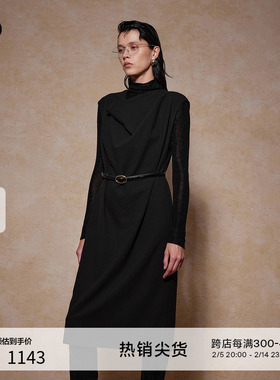 播商场同款bo系列法式醋酸收腰24冬新黑色连衣裙女BDR4LD2707
