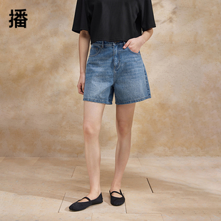 播蓝色牛仔短裤女商场同款小个子复古高腰显瘦直筒裤BDR2KD1231
