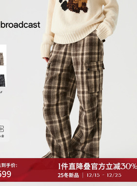 播工装风复古格纹休闲裤女25冬季新款休闲宽松直筒裤DDS4KD5248