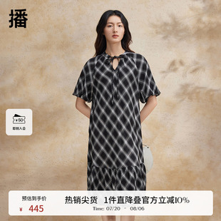 新款 播甜美格子连衣裙女2024夏季 花边立领系带宽松长裙DDR2LD5706