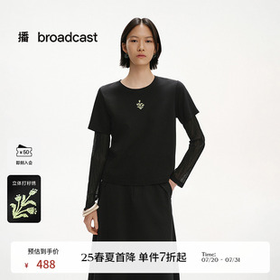 新款 播商場同款 網紗袖 假兩件T恤女25夏季 復古上衣BDS2YD2606 美式