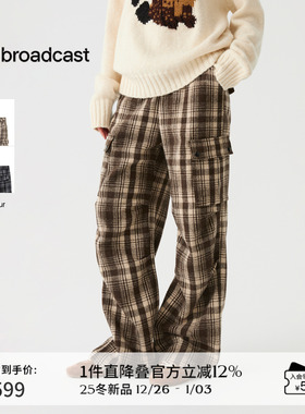 播工装风复古格纹休闲裤女冬季休闲宽松直筒裤DDS4KD5248