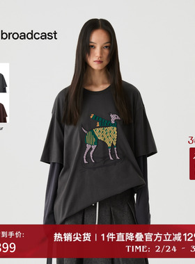 播假两件圆领刺绣T恤女冬季松弛慵懒宽松上衣DDS4YD5140