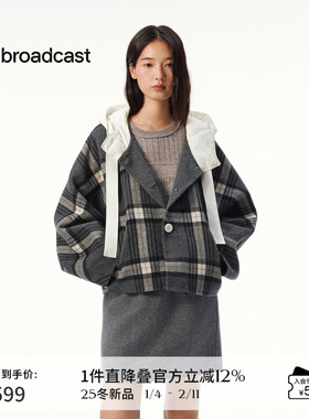 播短款格纹连帽毛呢外套女秋冬宽松松弛上衣DDS4WD5137