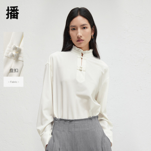 播春秋中式 女荷叶边宽松立领衬衣DDR3HD5013 盘扣衬衫