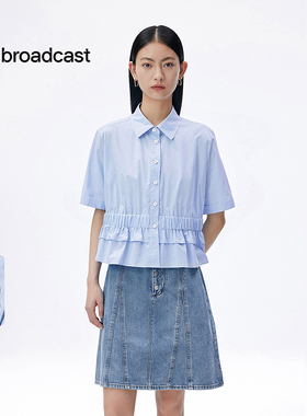 播花苞下摆蓝色衬衫女25夏季新款翻领洋气短袖衬衫DDS2CD5923