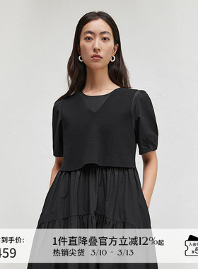 播商场同款泡泡袖连衣裙女春夏简约圆领可露丽长裙BDR3LD1973