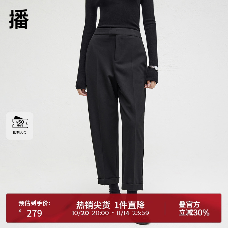 简约舒适一片式腰头,卷边翻折脚口