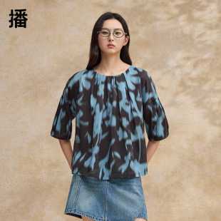 复古短袖 播优雅圆领衬衫 商场同款 新款 上衣BDR2HD0919 女2024夏季