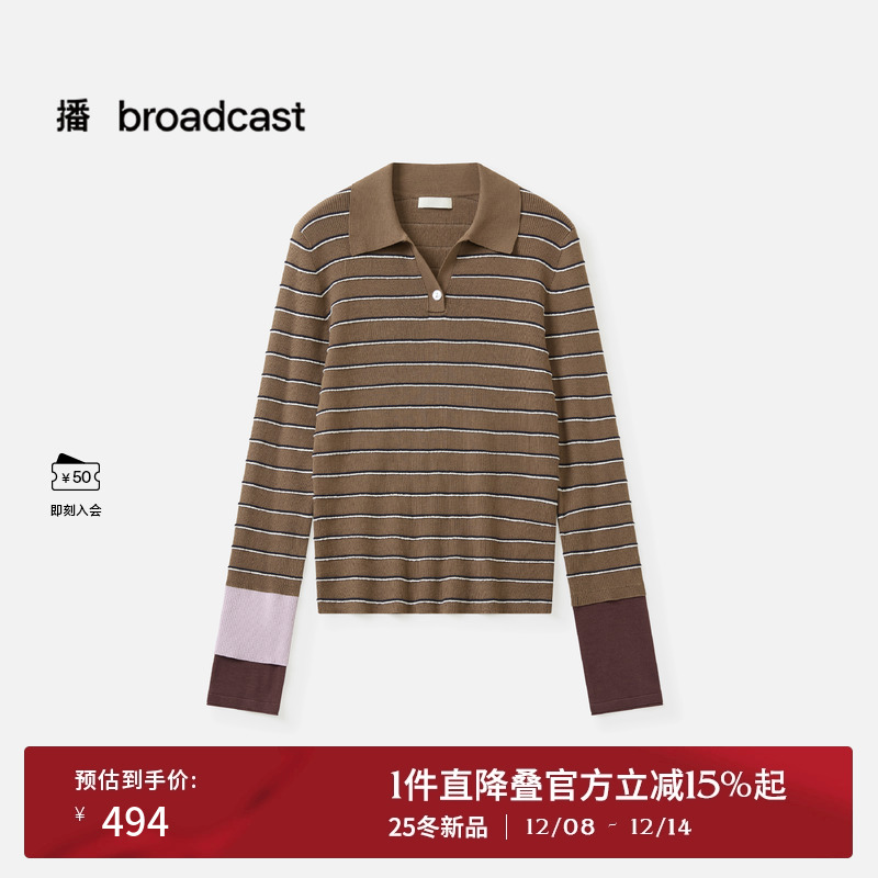 播条纹休闲polo领针织衫女25秋季新款气质拼接毛衣DDS4SD5187 - 封面