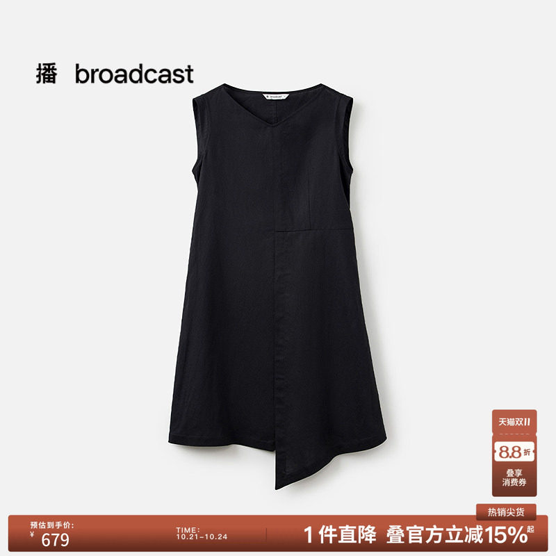【亚麻】播夏季无袖不规则小黑裙女短款连衣裙BDS7LD2928