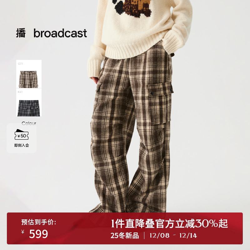 播工装风复古格纹休闲裤女25冬季新款休闲宽松直筒裤DDS4KD5248