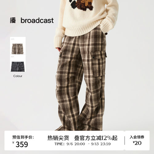 播冬季工装风休闲裤女复古格纹宽松直筒裤DDS4KD5248