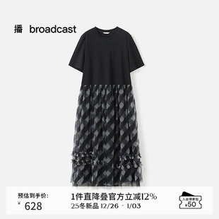 长裙BDS3LD3054 短袖 播商场同款 网纱拼接格纹连衣裙女25早秋新品