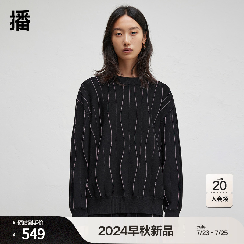 播2024秋季新款不规则条纹针织衫女休闲宽松圆领毛衣DDR3SD5041