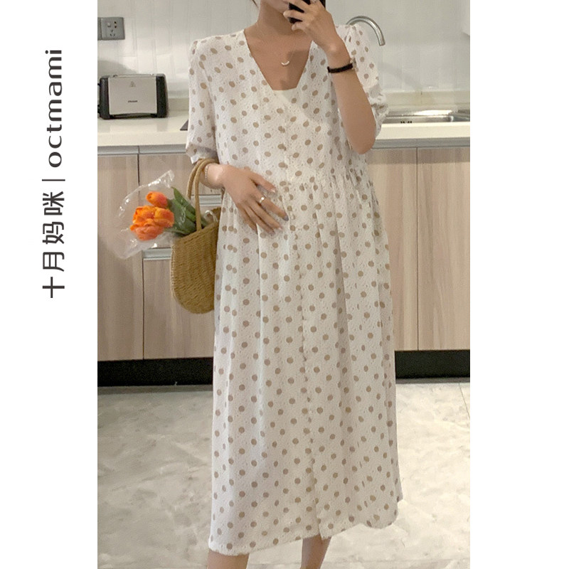 十月妈咪孕妇连衣裙2023新款夏季薄款气质优雅外穿波点V领短袖裙
