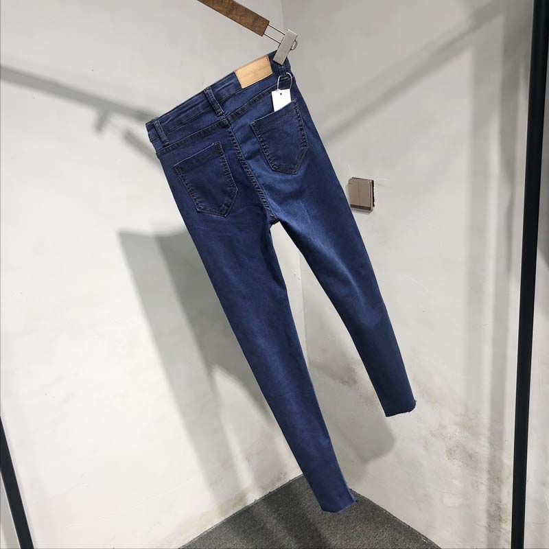 春夏裤脚毛边蓝色弹性女裤子高腰牛仔裤紧身小脚裤长裤铅笔裤