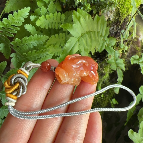 杨玉家云南天然黄龙玉冰种小黑山胭脂红老料貔貅车包包钥匙挂证书