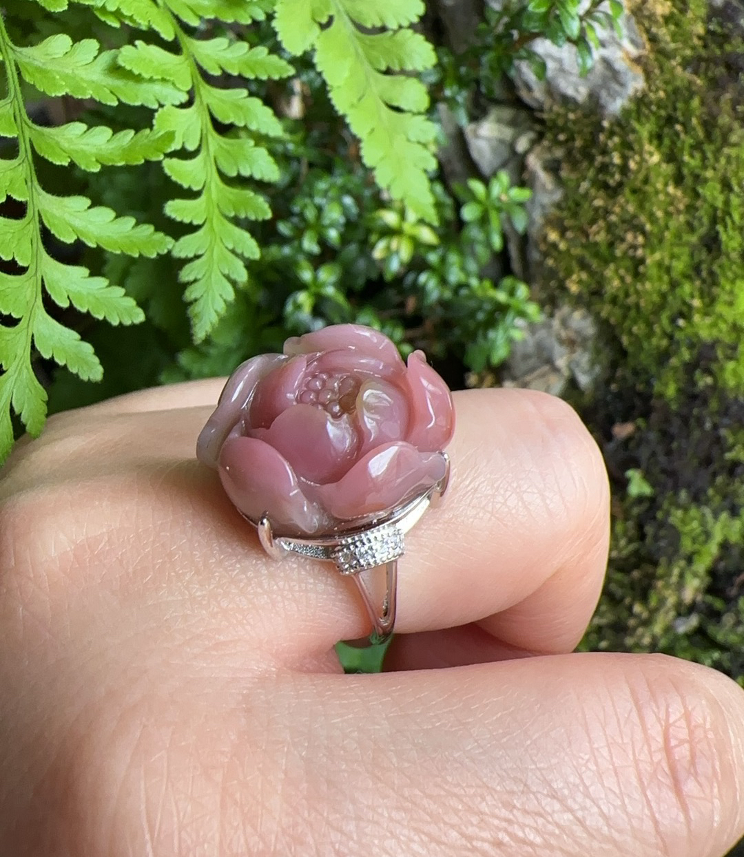 杨玉家盐源玛瑙立体精雕粉紫色牡丹莲925银女士活口戒指证书新品