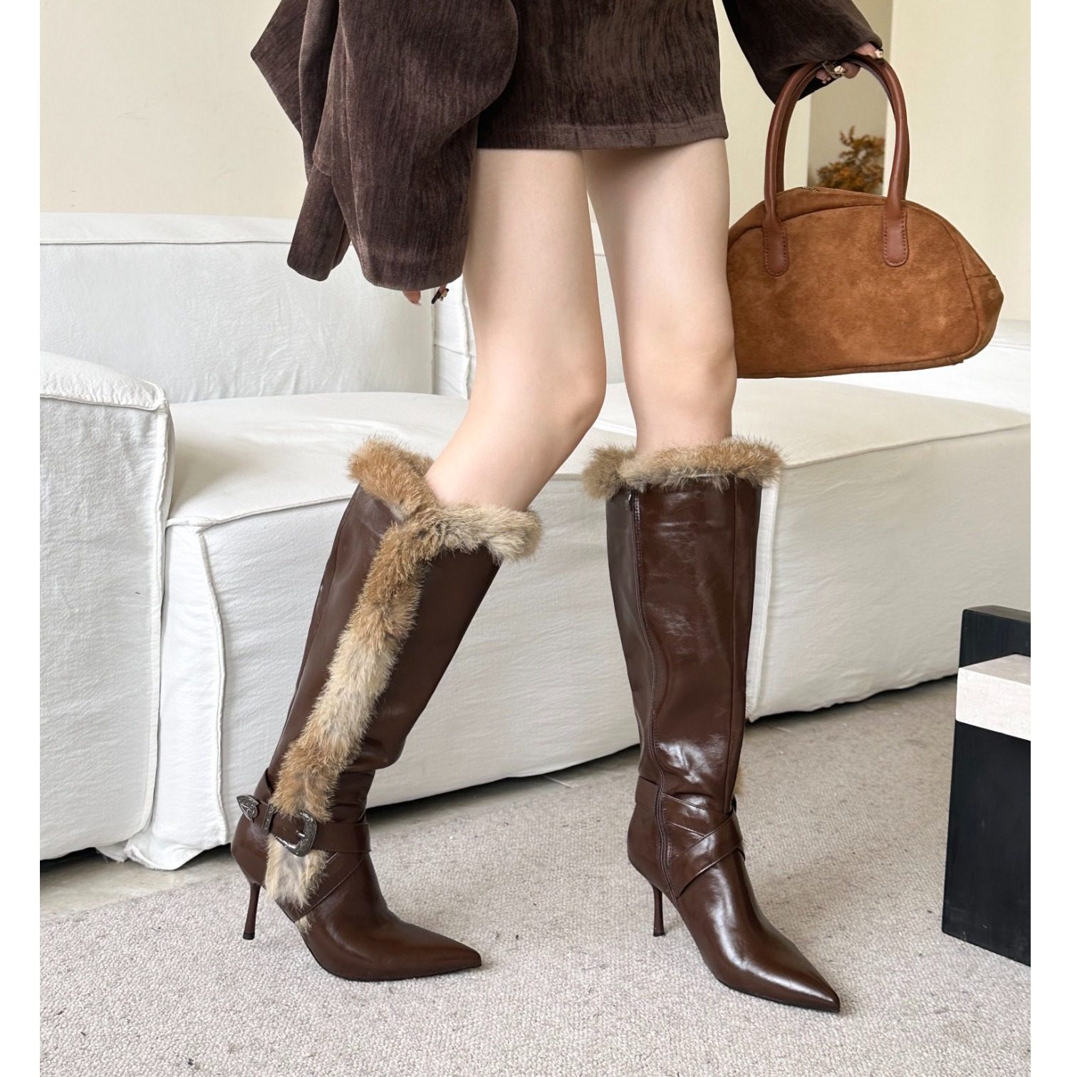 2025秋冬新款欧美风尖头显瘦兔毛毛鞋高跟细跟气质保暖长靴马丁靴,女鞋,时装靴,淘宝优惠券,粉丝福利购,淘宝优惠卷