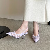 2026春夏通勤细跟高跟鞋 浅口单鞋 女褶皱网纱镂空高跟鞋 后绊带凉鞋