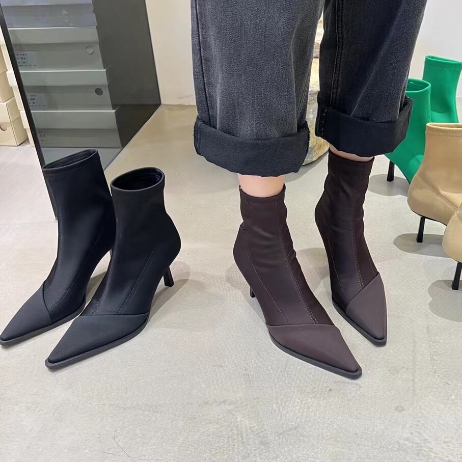 2025秋季新款靴子女时尚气质欧美风尖头弹力瘦瘦靴女细跟中跟短靴