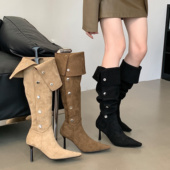 2024西部靴一鞋 三穿卡尖头细跟高跟过膝长靴女秋季 软皮绒面堆堆靴