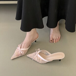 2026早春夏季蕾丝蝴蝶结细跟高跟鞋浅口尖头低跟网鞋女单鞋凉拖鞋