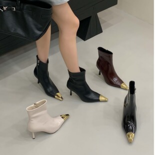 2026秋冬新款金属铁头短靴女性感时装靴子细跟高跟靴侧拉链女单靴