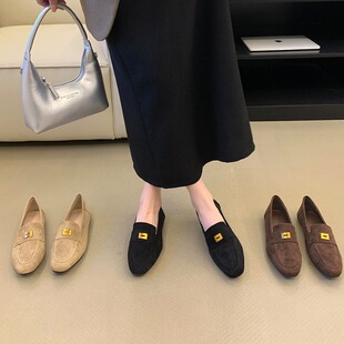 2026绒面金属方扣平底乐福鞋女早春圆头浅口一脚蹬软底豆豆鞋单鞋