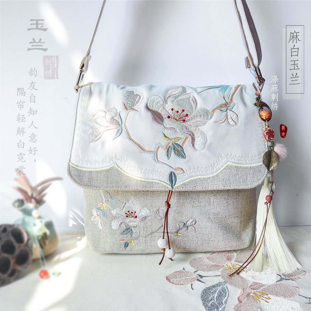 新品7寸斜挎手机包古风汉服文艺复古帆布多口袋拉链包盖小方包女