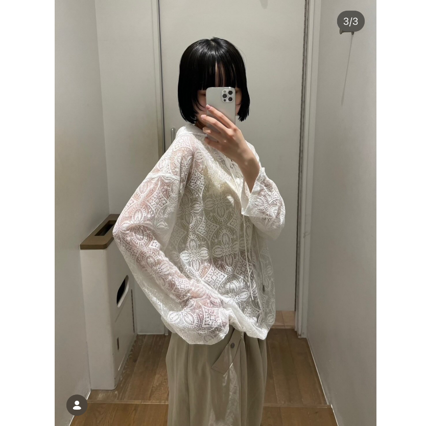 JS2026春夏 透丝蕾丝花朵交叉绑带连帽复古减龄小衫