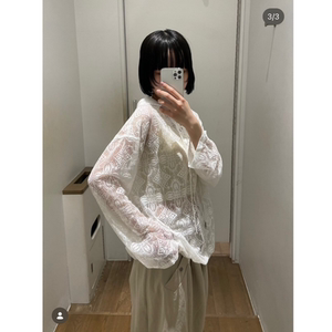 JS2026春夏 透丝蕾丝花朵交叉绑带连帽复古减龄小衫