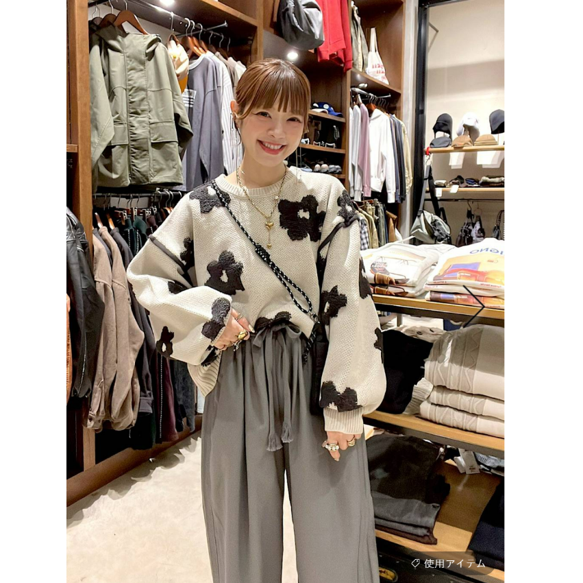 NA2025冬季 人气立体配色花朵落肩针织毛衣