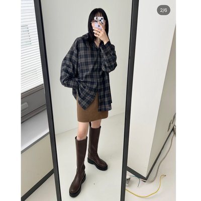 K*F2025秋冬 轻磨毛经典格纹配色宽松长袖衬衫