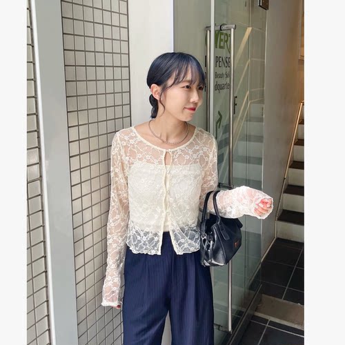 kas2026早秋 前后两面穿全蕾丝透视排扣小衫